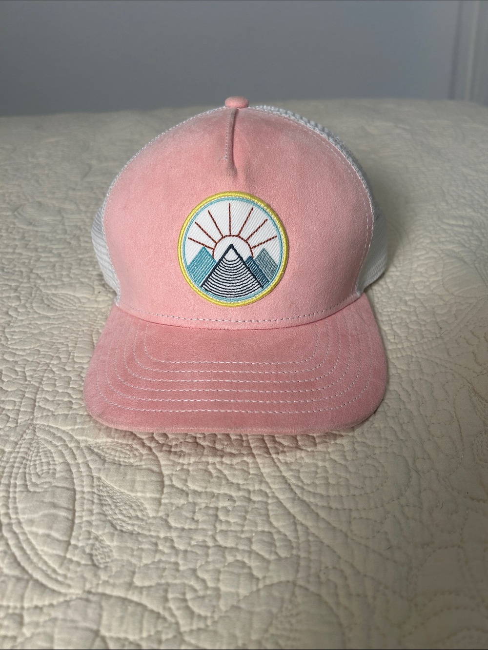 pistil Pink Mesh Trucker Hat with Mountain Sunrise Patch